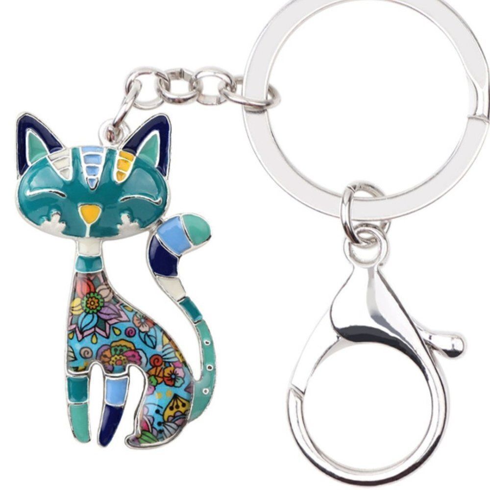 NWT Enamel Alloy Floral Cat Keychain Purse Charm Clasp Key Ring